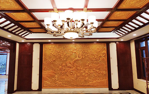 永昌中式别墅客厅中式木作横梁吊顶装饰展示